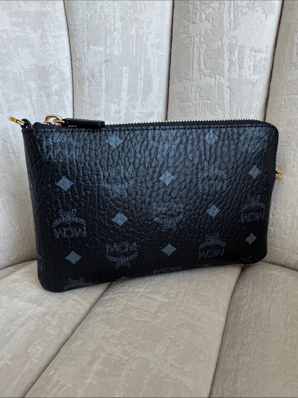 MCM Black Monogram Leather Zip Pouch with Gold Hardware